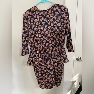 Elegant Vintage Navy and Gold Leaf Print Peplum Dress